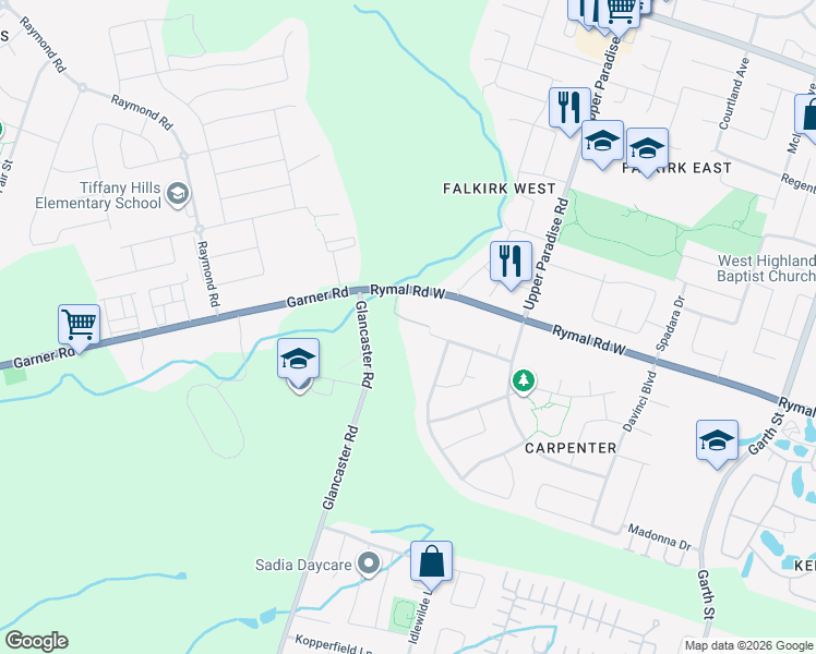 map of restaurants, bars, coffee shops, grocery stores, and more near 751 Rymal Road West in Hamilton