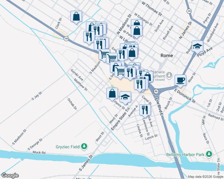 map of restaurants, bars, coffee shops, grocery stores, and more near 217 Ridge Street in Rome