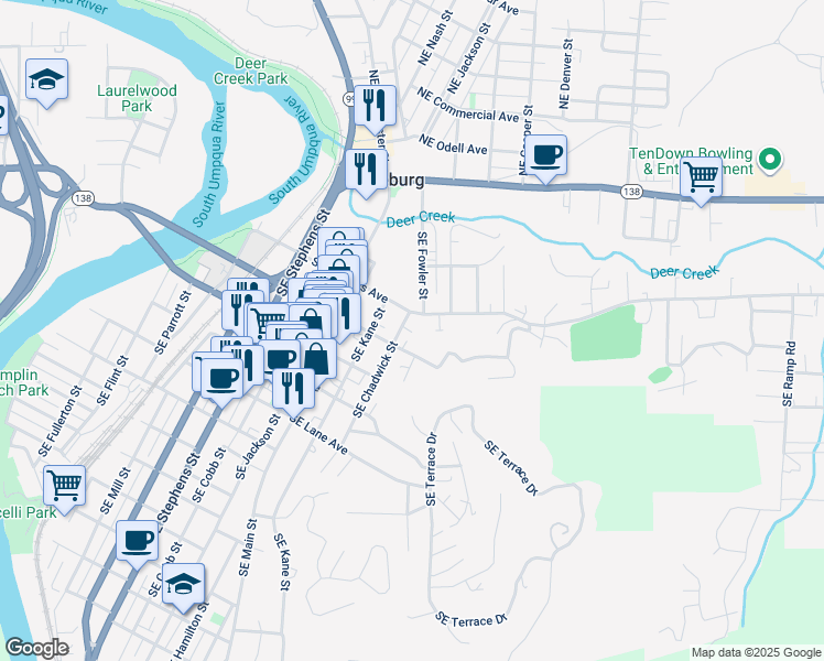 map of restaurants, bars, coffee shops, grocery stores, and more near 427 Southeast Chadwick Street in Roseburg