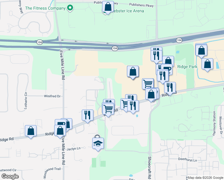 map of restaurants, bars, coffee shops, grocery stores, and more near 898 Ridge Road in Webster