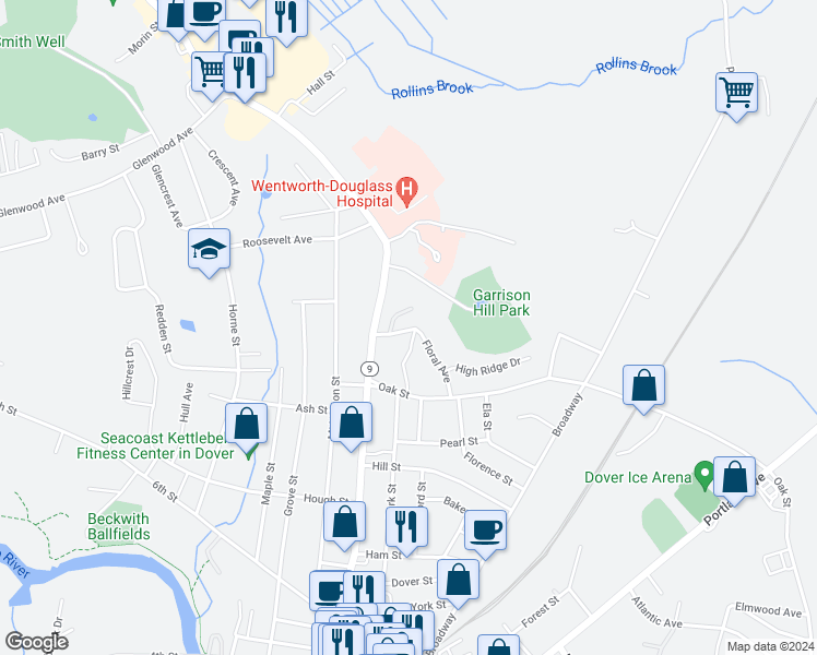 map of restaurants, bars, coffee shops, grocery stores, and more near 11 Oak Terrace in Dover