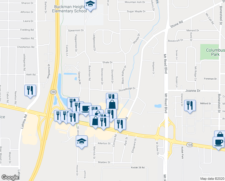 map of restaurants, bars, coffee shops, grocery stores, and more near StoneRidge Drive & Stonehill Drive in Rochester