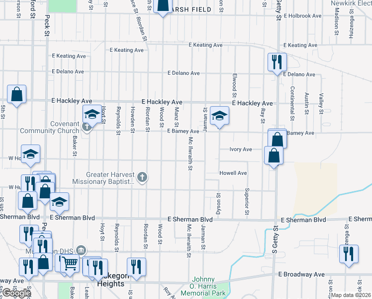 map of restaurants, bars, coffee shops, grocery stores, and more near 2336 Mc Ilwraith Street in Muskegon Heights