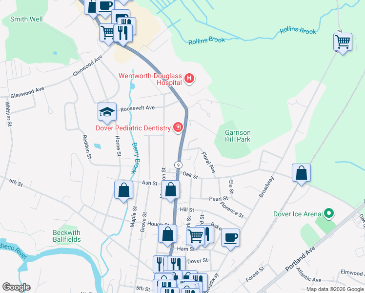 map of restaurants, bars, coffee shops, grocery stores, and more near 3 Brick Road in Dover