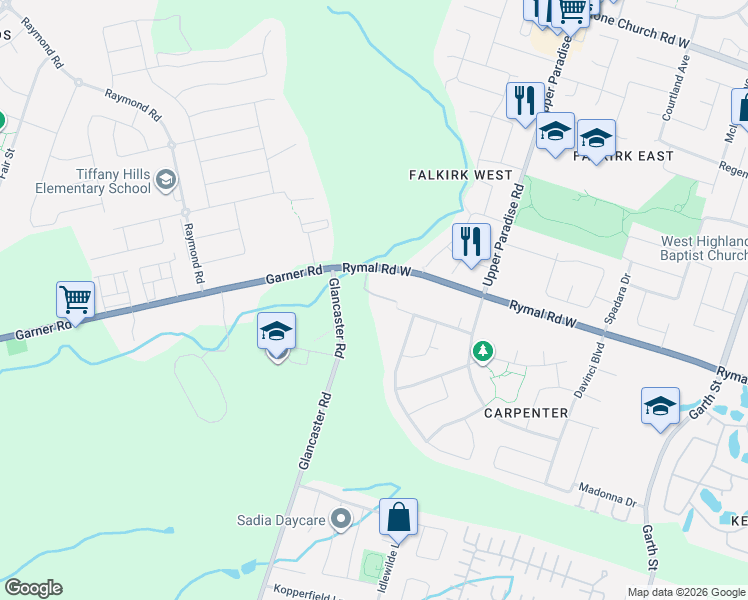map of restaurants, bars, coffee shops, grocery stores, and more near 751 Rymal Road West in Hamilton