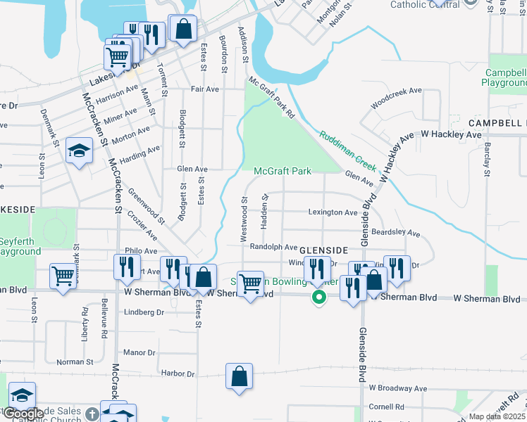 map of restaurants, bars, coffee shops, grocery stores, and more near 1651 Lexington Avenue in Muskegon