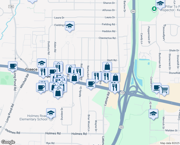 map of restaurants, bars, coffee shops, grocery stores, and more near 59 Cabot Road in Rochester