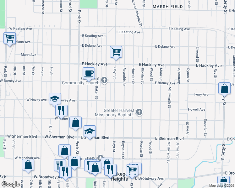 map of restaurants, bars, coffee shops, grocery stores, and more near 2340 Hoyt Street in Muskegon Heights