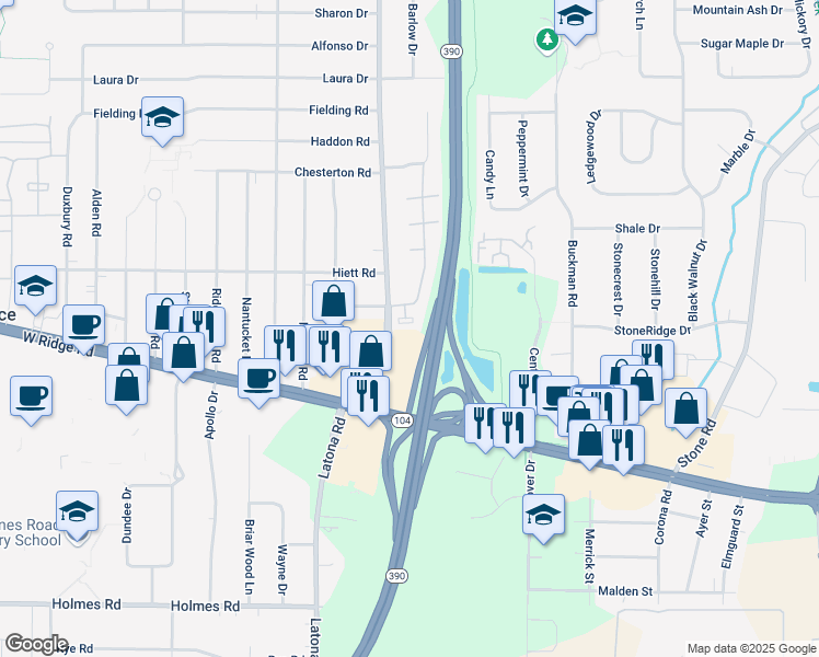 map of restaurants, bars, coffee shops, grocery stores, and more near 172 Kingsberry Drive in Monroe County