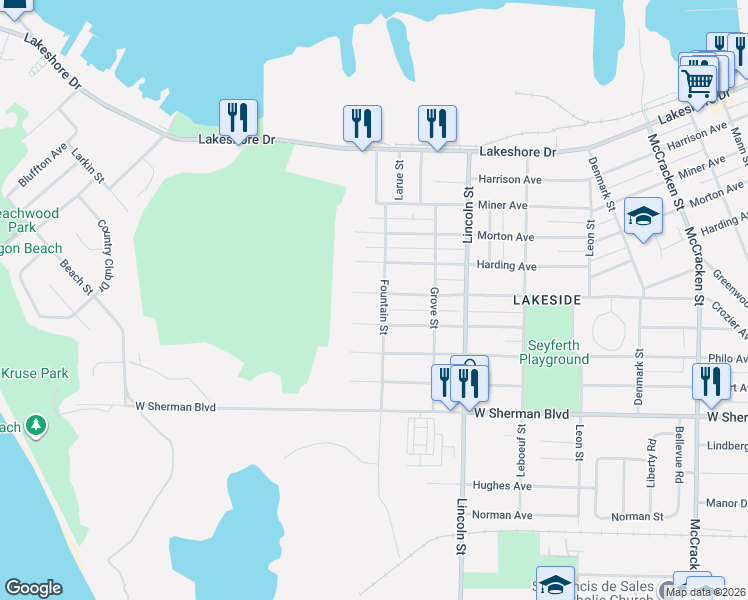 map of restaurants, bars, coffee shops, grocery stores, and more near 2548 Cutler Avenue in Muskegon