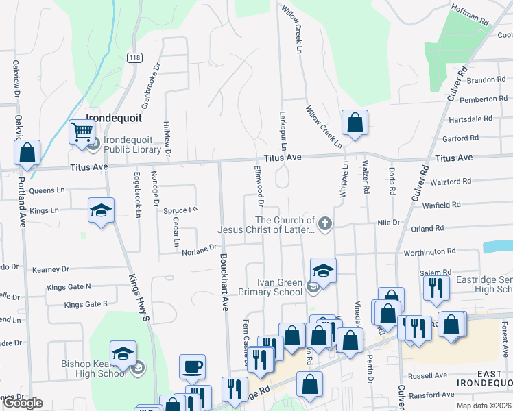 map of restaurants, bars, coffee shops, grocery stores, and more near 381 Ellinwood Drive in Rochester
