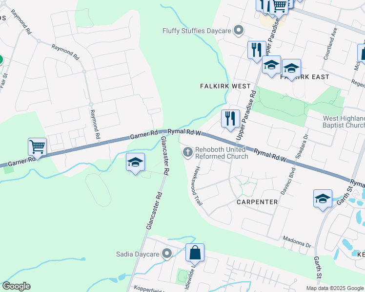 map of restaurants, bars, coffee shops, grocery stores, and more near 751 Rymal Road West in Hamilton