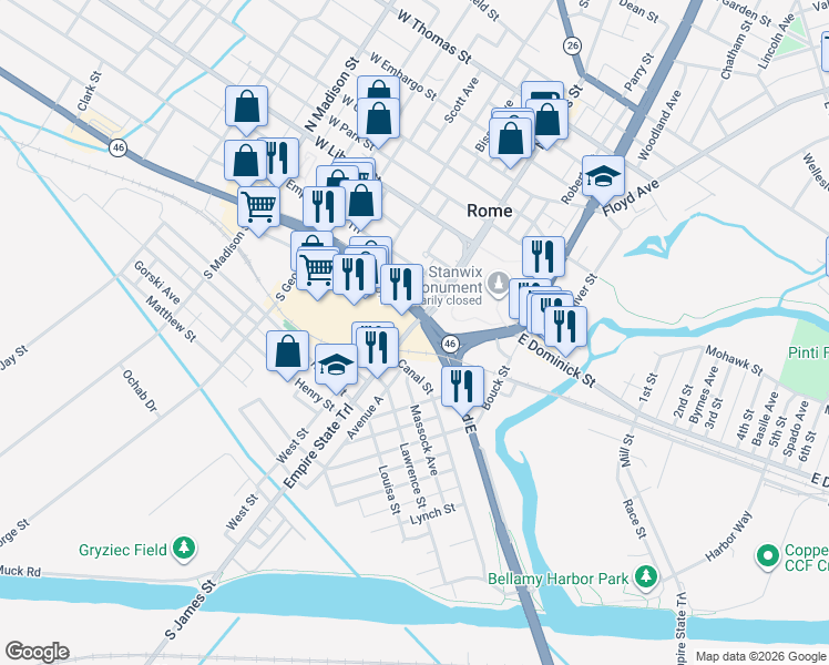 map of restaurants, bars, coffee shops, grocery stores, and more near 201-3-5 South James Street in Rome