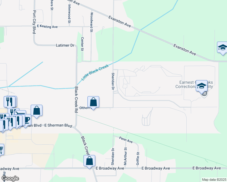 map of restaurants, bars, coffee shops, grocery stores, and more near 2400 South Sheridan Drive in Muskegon