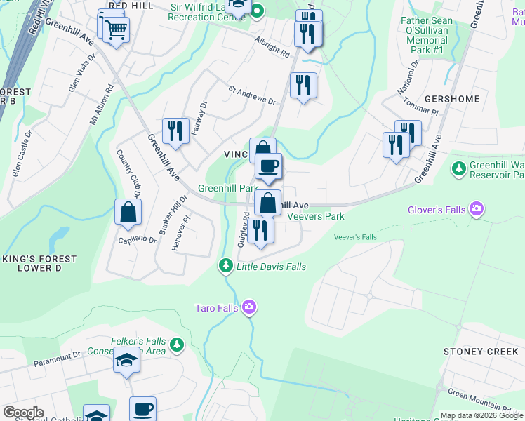 map of restaurants, bars, coffee shops, grocery stores, and more near 630 Greenhill Avenue in Hamilton