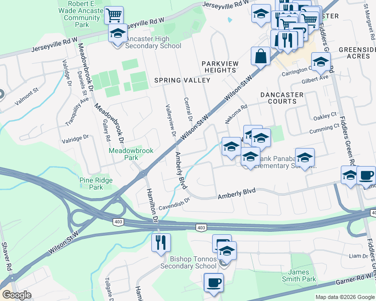 map of restaurants, bars, coffee shops, grocery stores, and more near 280 Cornwallis Road in Hamilton