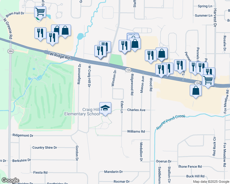 map of restaurants, bars, coffee shops, grocery stores, and more near 100 Winston Drive in Rochester