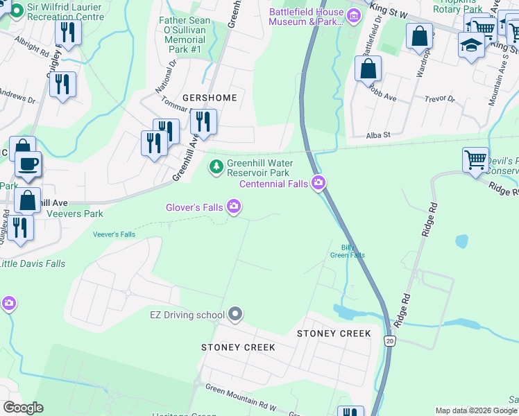 map of restaurants, bars, coffee shops, grocery stores, and more near 5 Ridgeview Drive in Hamilton