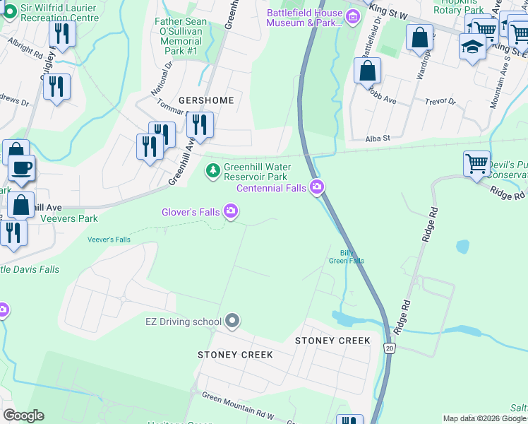 map of restaurants, bars, coffee shops, grocery stores, and more near 5 Ridgeview Drive in Hamilton