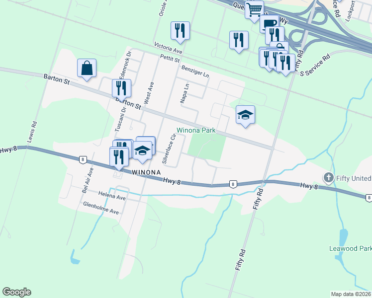 map of restaurants, bars, coffee shops, grocery stores, and more near 93 Silverlace Circle in Hamilton