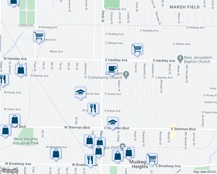 map of restaurants, bars, coffee shops, grocery stores, and more near 2329 Maffett Street in Muskegon Heights