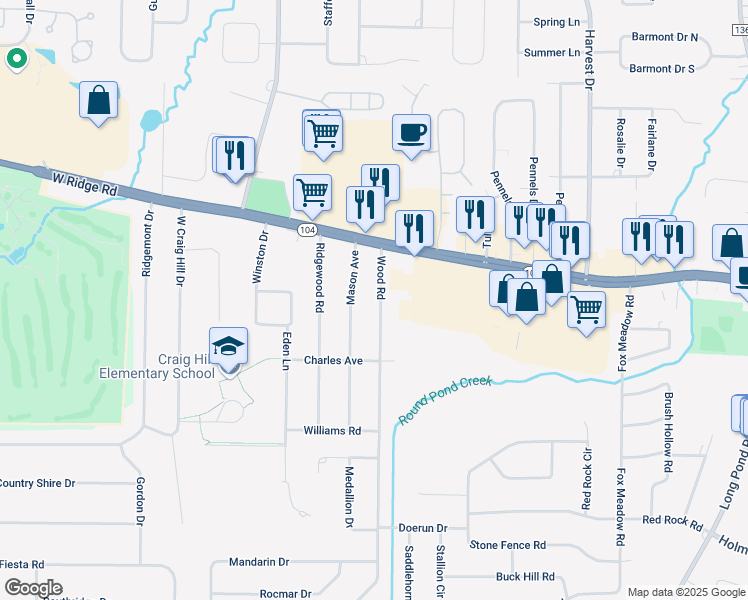 map of restaurants, bars, coffee shops, grocery stores, and more near 79 Wood Road in Rochester