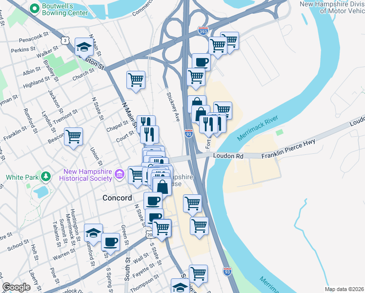 map of restaurants, bars, coffee shops, grocery stores, and more near 22 Bridge Street in Concord