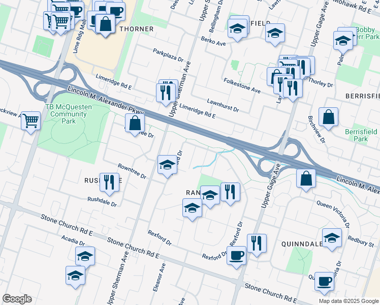 map of restaurants, bars, coffee shops, grocery stores, and more near 18 Millpond Place in Hamilton