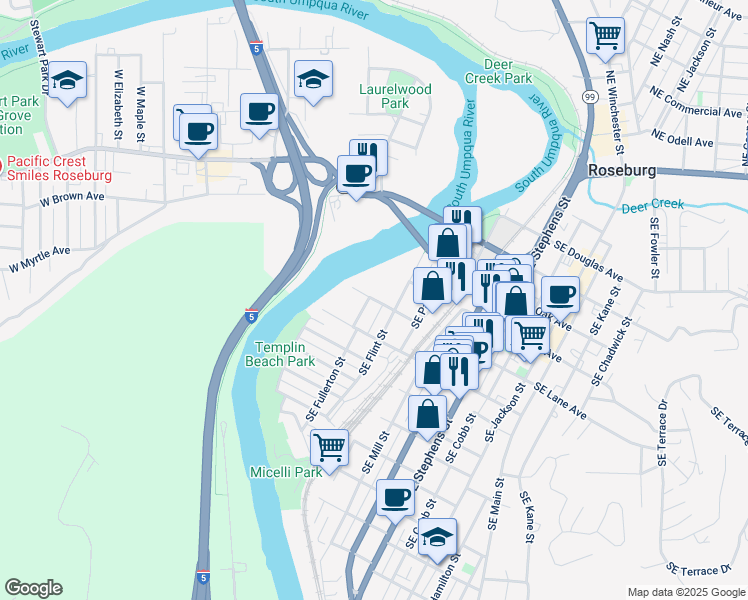 map of restaurants, bars, coffee shops, grocery stores, and more near 843 Southeast Fullerton Street in Roseburg