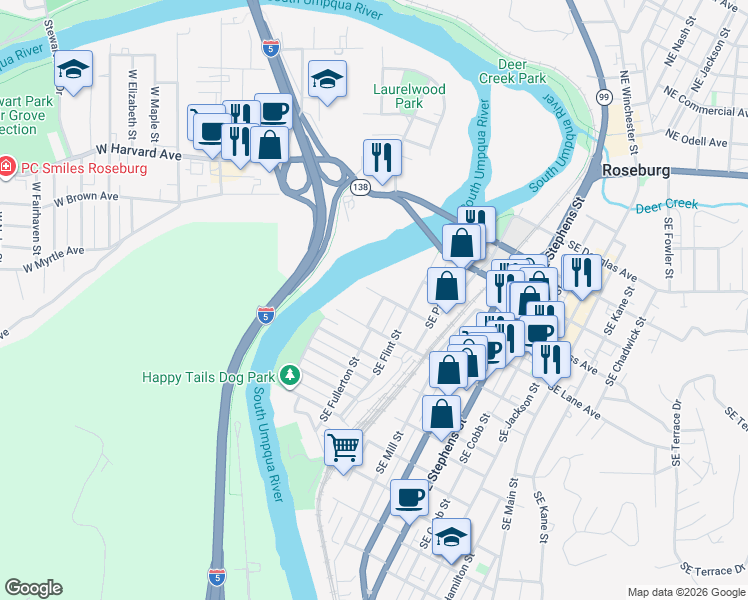 map of restaurants, bars, coffee shops, grocery stores, and more near 843 Southeast Fullerton Street in Roseburg