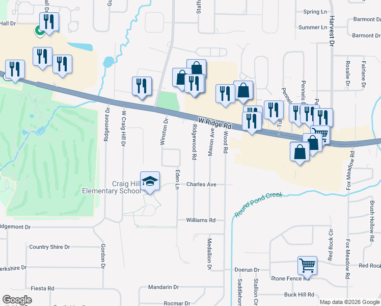 map of restaurants, bars, coffee shops, grocery stores, and more near 123 Ridgewood Road in Rochester