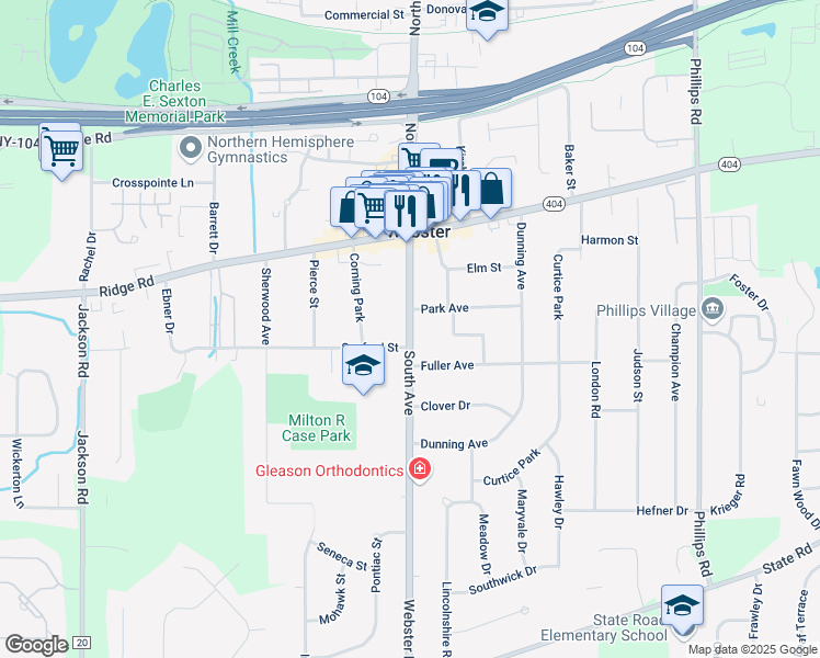 map of restaurants, bars, coffee shops, grocery stores, and more near 112 South Avenue in Webster