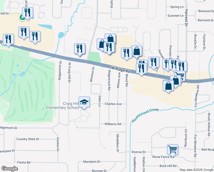 map of restaurants, bars, coffee shops, grocery stores, and more near 123 Ridgewood Road in Rochester
