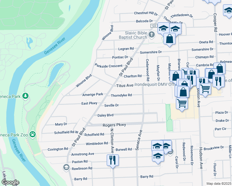 map of restaurants, bars, coffee shops, grocery stores, and more near 27 Thorndyke Road in Rochester