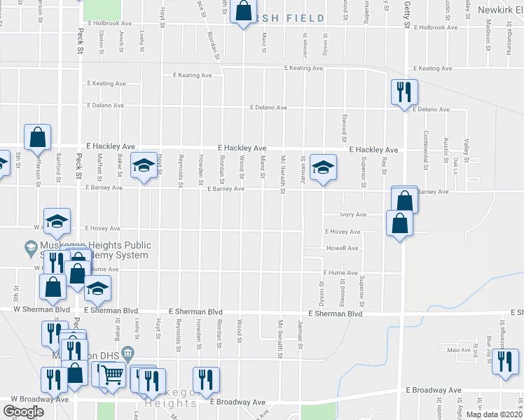 map of restaurants, bars, coffee shops, grocery stores, and more near 2399 Manz Street in Muskegon Heights