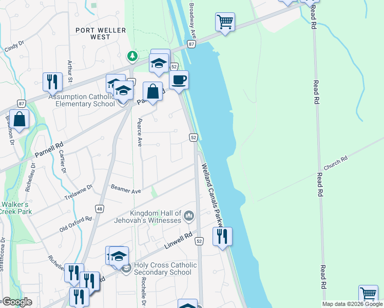 map of restaurants, bars, coffee shops, grocery stores, and more near 65 Beamer Avenue in St. Catharines