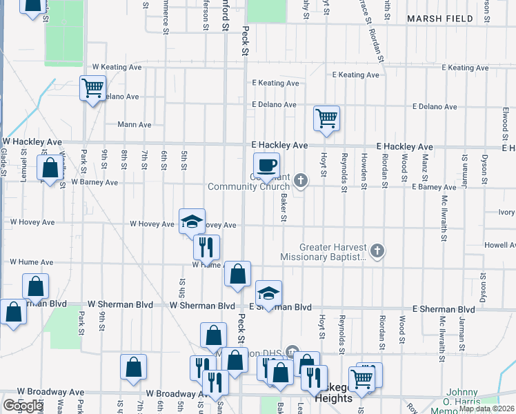 map of restaurants, bars, coffee shops, grocery stores, and more near 2336 Peck Street in Muskegon Heights