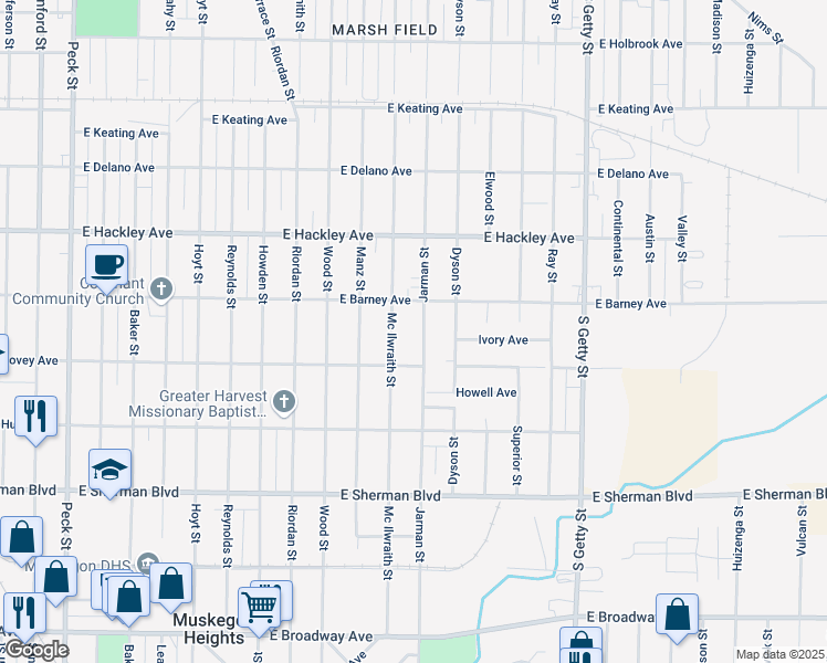 map of restaurants, bars, coffee shops, grocery stores, and more near 2325 Jarman Street in Muskegon Heights