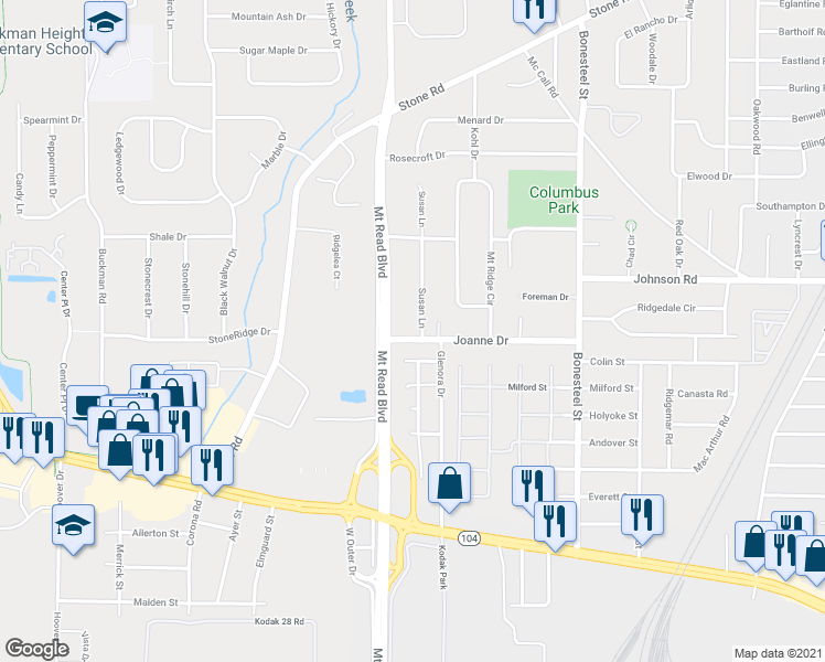 map of restaurants, bars, coffee shops, grocery stores, and more near 226 Joanne Drive in Rochester