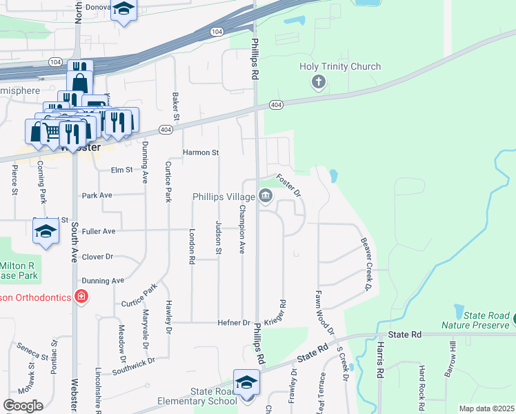 map of restaurants, bars, coffee shops, grocery stores, and more near 100 Krieger Road in Webster