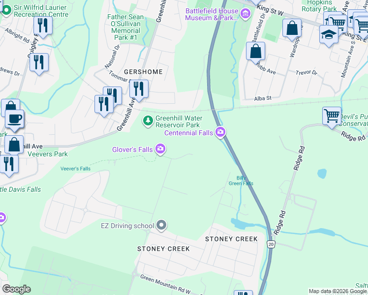 map of restaurants, bars, coffee shops, grocery stores, and more near 5 Ridgeview Drive in Hamilton