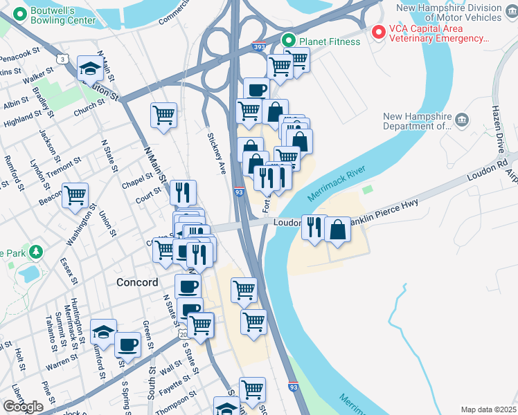 map of restaurants, bars, coffee shops, grocery stores, and more near Loudon Road in Concord