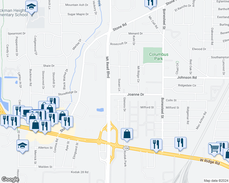 map of restaurants, bars, coffee shops, grocery stores, and more near 232 Joanne Drive in Rochester