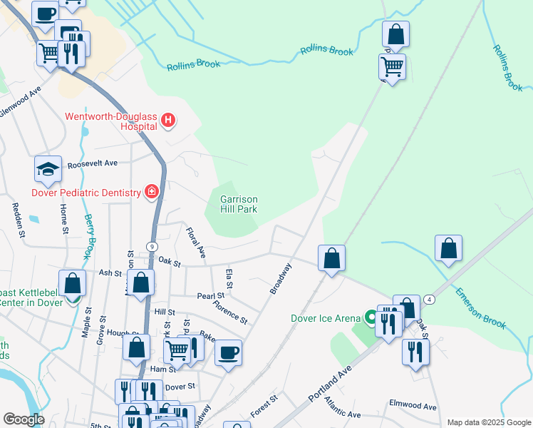 map of restaurants, bars, coffee shops, grocery stores, and more near Abbey Sawyer Memorial Highway in Dover