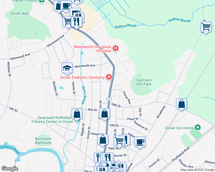 map of restaurants, bars, coffee shops, grocery stores, and more near 3 Brick Road in Dover