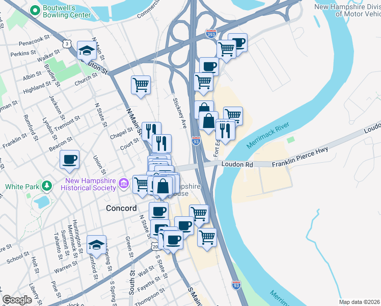map of restaurants, bars, coffee shops, grocery stores, and more near 22 Bridge Street in Concord