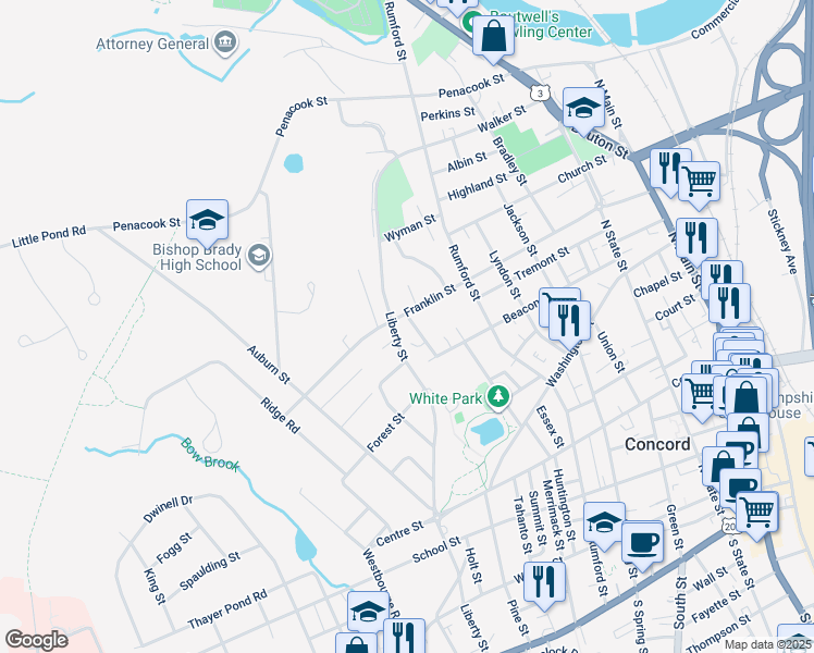 map of restaurants, bars, coffee shops, grocery stores, and more near 135 Liberty Street in Concord