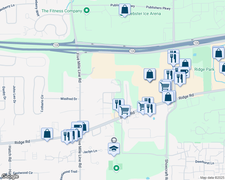 map of restaurants, bars, coffee shops, grocery stores, and more near 965 Cherry Ridge Boulevard in Webster
