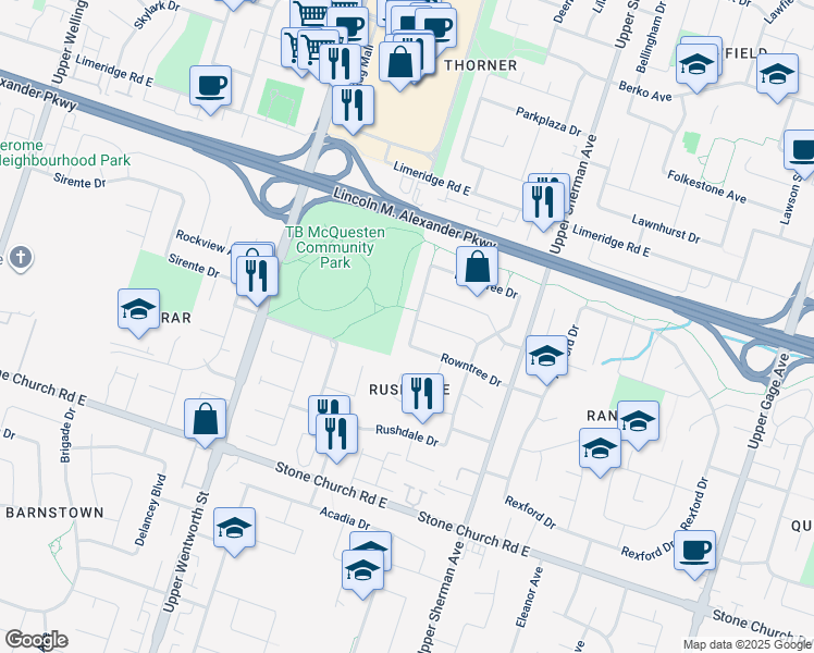 map of restaurants, bars, coffee shops, grocery stores, and more near 83 Rowntree Drive in Hamilton