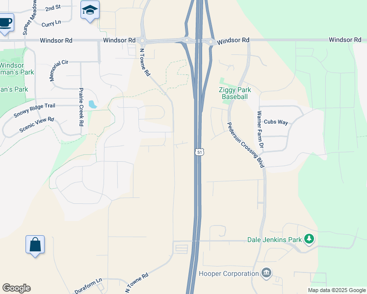 map of restaurants, bars, coffee shops, grocery stores, and more near 6561 North Towne Road in Windsor